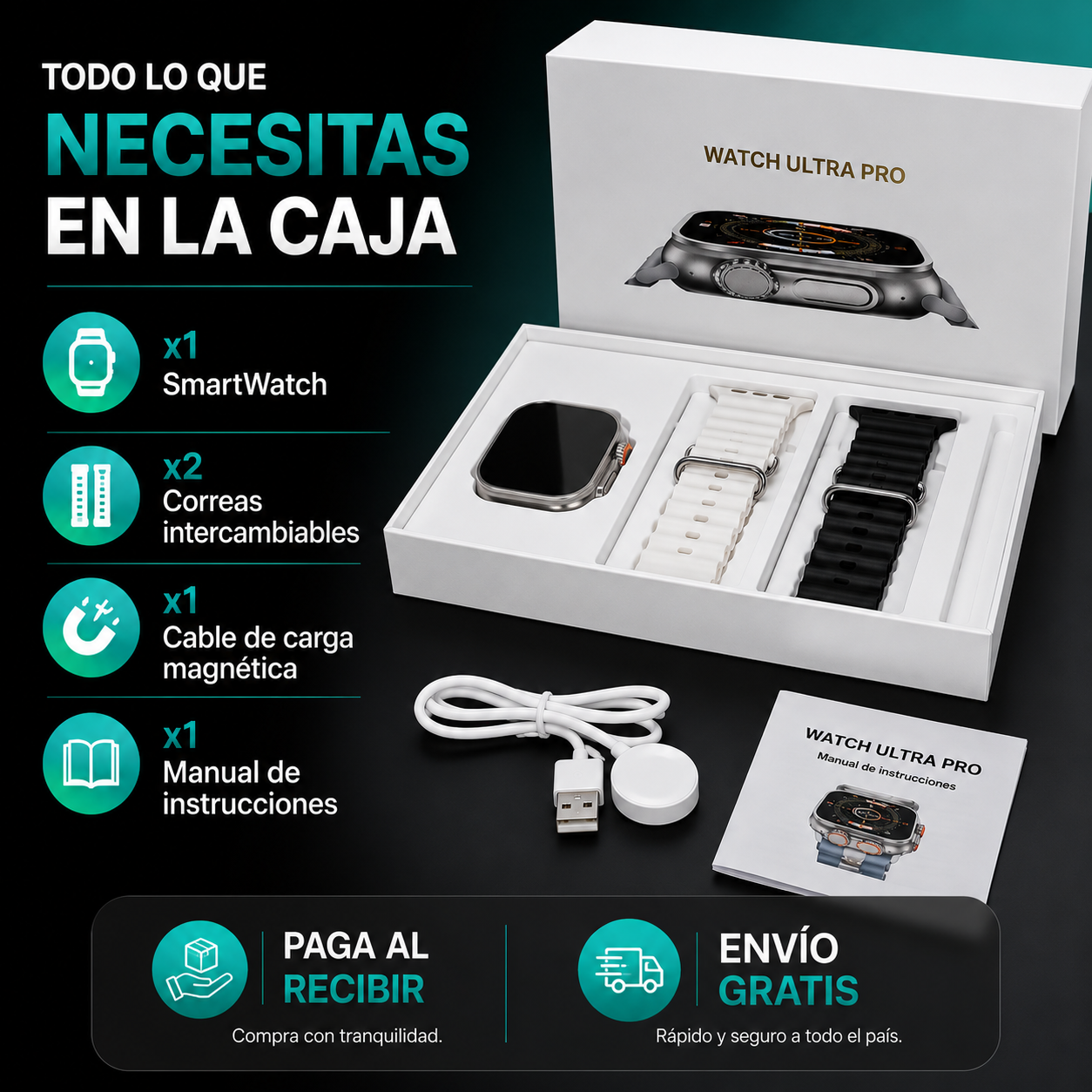 ⌚ Smartwatch Ultra Pro con 2 correas (negro + blanco) | Exclusivo Hoy 🔥